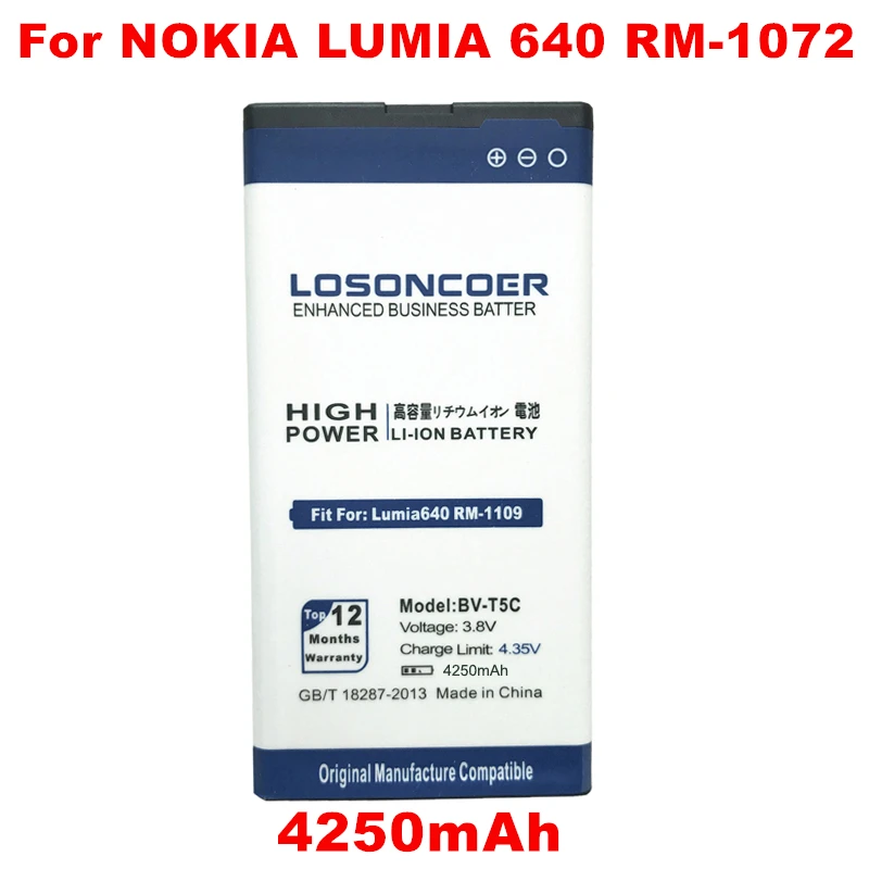 Losoncoer 4250 мА/ч, BV-T5C Батарея для microsoft Nokia Lumia 640 Батарея RM-1109 RM-1113 RM-1072 RM-1073 RM-1077 RM Lumia640