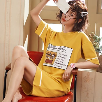 

Hot Sale Cotton Sleepwear Women Nightdress Kawaii Clothes Ladies Nightgown Girl Nightwear Yellow Plus Size Home Sleep Dress