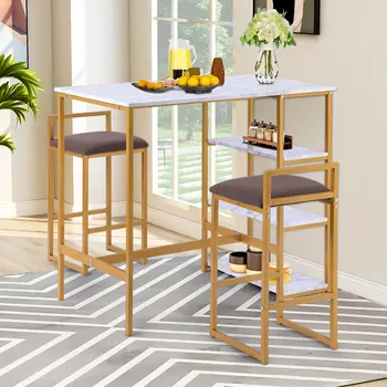 

3-Piece Goden Bar Table and Stools Set with Large Storage Shelves for Kitchen Dining Room Breakfast Corner Industrial Style