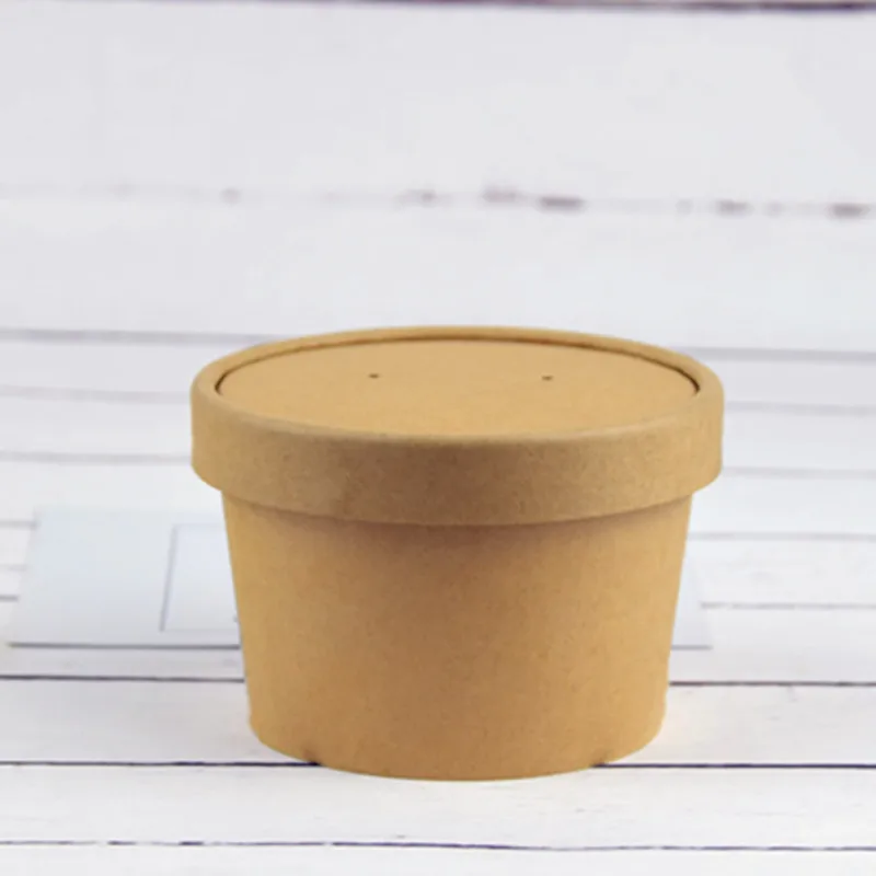 cup and lid2 10pcs High quality kraft paper whtie/yellow disposable dessert cup 270ml small round creative cake ice cream paper cup with lid - Цвет: cup and lid2