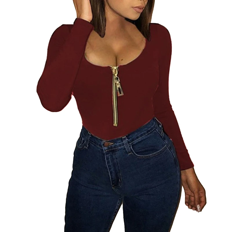 Sexy Ziper O Neck T Shirt Spring Autumn Knitted Slim Women's Women Zipper Long Sleeve O-neck Tops | Женская одежда