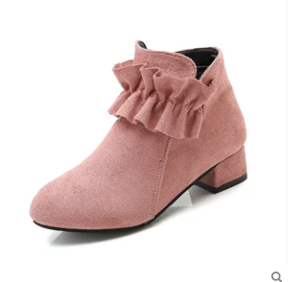 Children Kids Winter Boots Fashion Cute Flowers Flock Zippers Ankle Boots Low Heels Square Round Toe Warm Shoes pink red black
