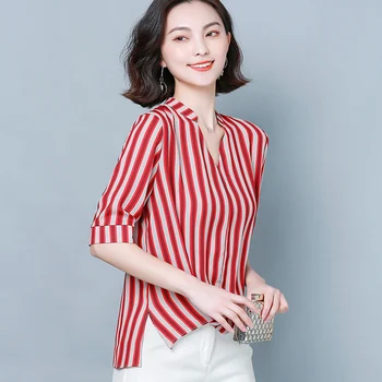

COIGARSAM Fashion Striped blouse women New Summer Half Sleeve Chiffon Loose blusas womens tops and blouses Red Bar 01887