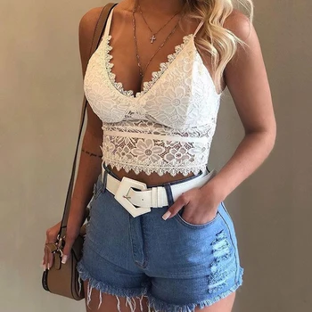 

Solid Corset Lace Camis Tops For Women Soft Padded V-Neck Tops Hollow Lace Mesh Camisoles Adjustable Shoulder Strap Female 2020