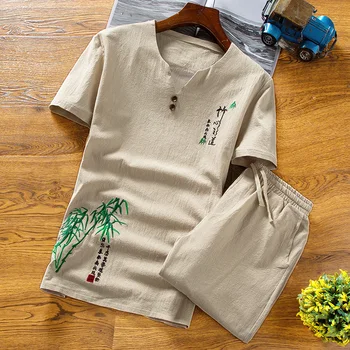 

Summer clothes men's 2 pieces sets shorts and Short-sleeved t shirt Embroidered bamboo men breathable Slim Fit linen suits