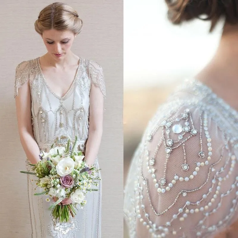 Great Gatsby Fashion Wedding Luxury Great Gatsby Boho Wedding Dresses 2023 Crystal Garden Cap Sleeve Beading Country Bohemian Bridal Gowns