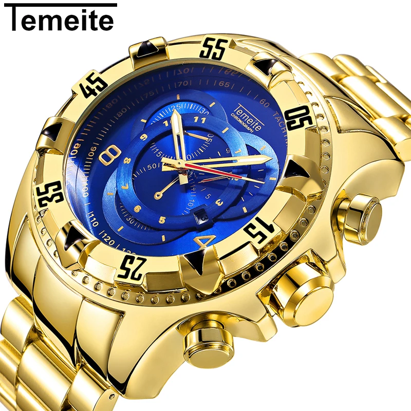 

Luxury Temeite Fashion Men Quartz Watch Men Golden Stainless Steel Strap Big Dial Military Wrist Watches Relogio Masculino