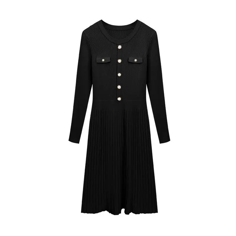 

2021 Spring Autumn Sweater New Womens Hedging Dress Buttons Round Neck Long Sleeve Knitting Skirt Slim Female Costume Long