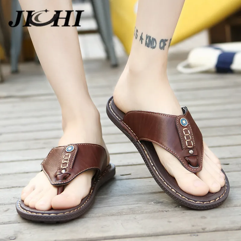 Hot Sale Slippers Men Beach Flat Shoes Man Summer High Leather Men Slippers Flip Flops Casual Outdoor Sandals Male Big Size 46