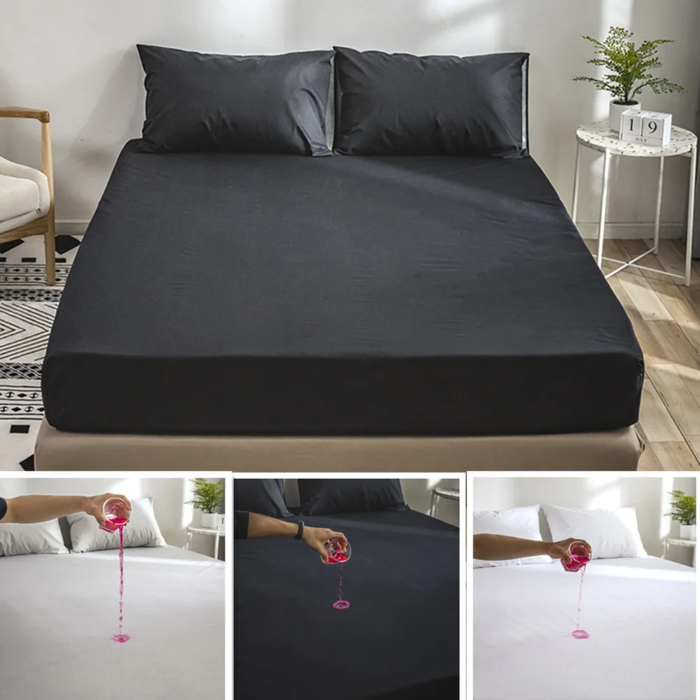 Solid Fitted Sheet Smooth Waterproof Mattress Protector Cover Protection for Kids Bed Linens with Elastic Black