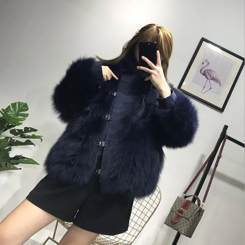 Dark blue Подлинная Зимняя Новая высококачественная шуба из лисьего меха, длинная модная шуба для женщин - Цвет: Dark blue