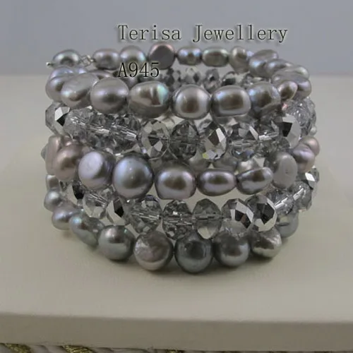 

Terisa Pearljewelry New Baroque Pearl Bracelet Gray Color Crystal Beads Brangle 5rows Real Pearl Jewelry Fashion Women Girl Gift