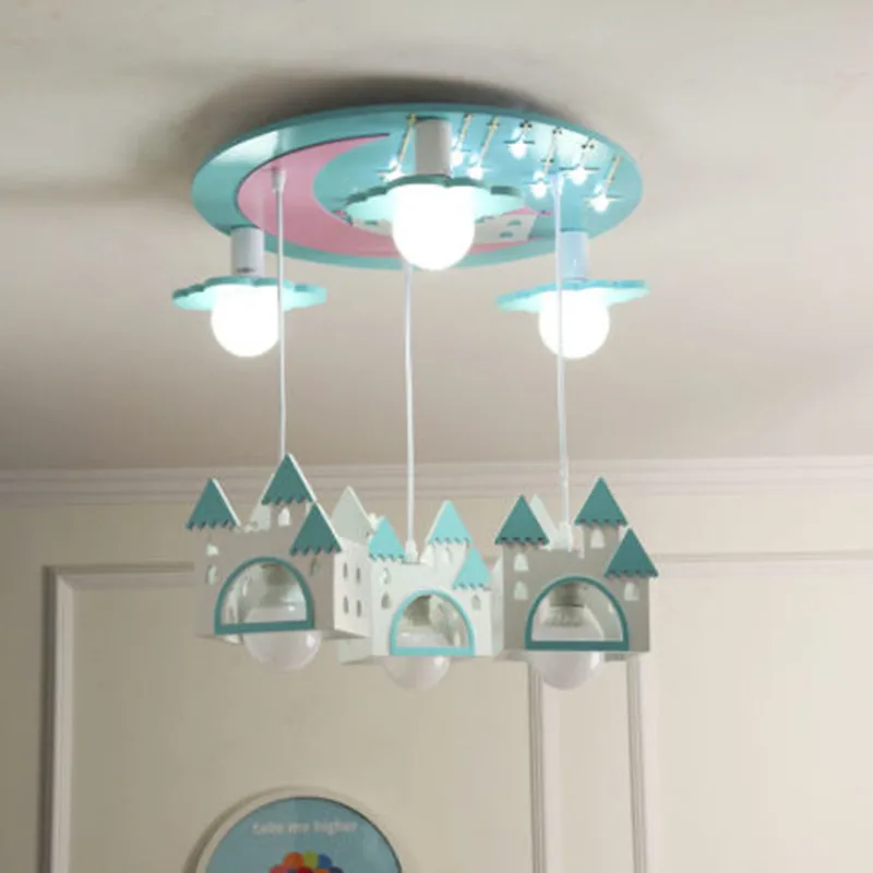 

Cartoon Creative Castle Chandelier Boys and Girls Bedroom Children's Room Light Modern Simple Color Solid Wood House Chandelier