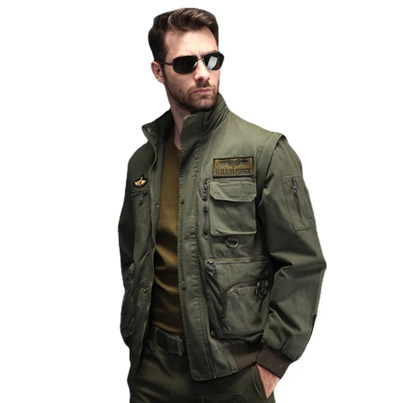 Spring and Autumn Army Green Men's Multi-pocket Removable Sleeves Stand Collar Workwear Jacket Outdoor Military Men's Top spring and autumn army green men s multi pocket removable sleeves stand collar workwear jacket outdoor military men s top