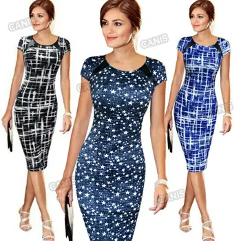

2020 New Arrival Women Bandage Bodycon Dress Short Sleeve Sketch Print Dot star Cocktail Knee Length Midi Dress Ladies Vestitos