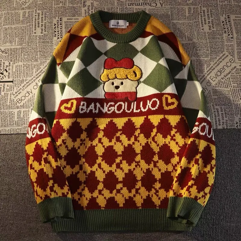 

Vintage Men Sweater Grid Cute Cartoon O-neck Pullovers Green America Classics Sweater Lazy Style Oversized Casual Couplm Sweater