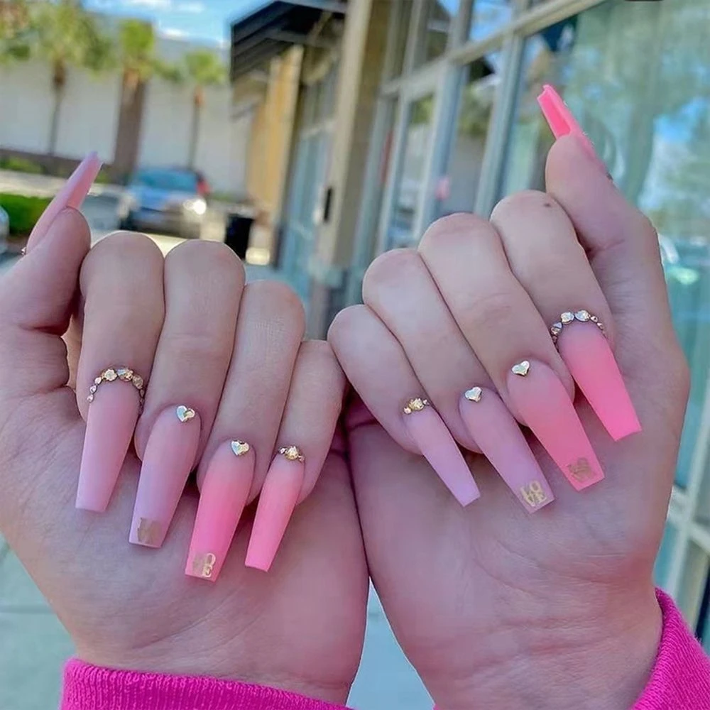 24pcs False Nails Extra Long Pink Gradient Coffin Fake Nails With Rhinestone Manicure Wearable French Ballerina Nail Art Tips False Nails Aliexpress