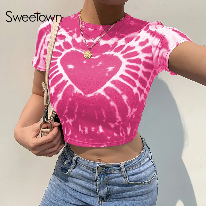 Sweetown New Aesthetic Heart Pattern Graphic T Shirts Women Tie Dye Print Cute 2000s Baby Tee Short Sleeve Slim Cropped Tshirt | Женская