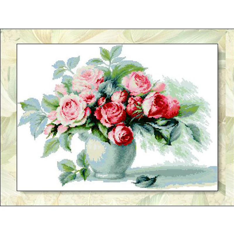 Red and Pink Roses in Vase Counted Cross Stitch Pattern 