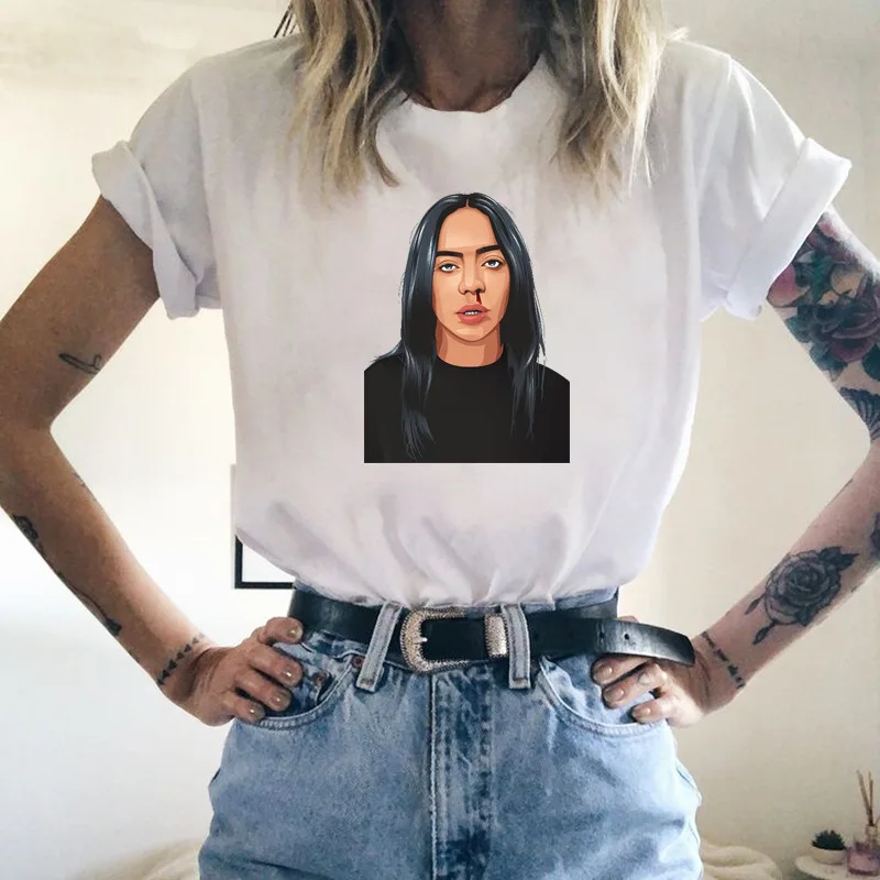 21 Billie Eilish Футболка женская мужская одежда топы футболки Модная Футболка Повседневная с круглым вырезом короткие женские унисекс подростковые футболки - Цвет: 21