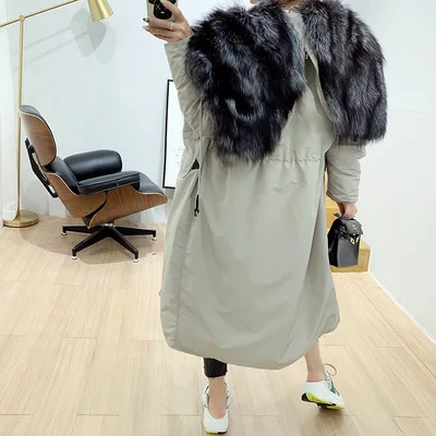 khaki grey Высококачественная большая шуба из меха серебристой лисы, женская зимняя парка, длинное пальто, женская теплая куртка-пуховик на белом утином пуху - Цвет: khaki grey