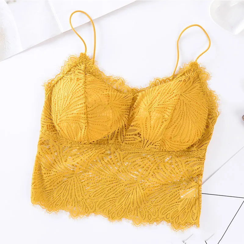 2021 Female Summer Crop Tank Top Women Fashion Deep V Lace Bras Embroidery Floral Tank Top Bra Wrapped Chest Camisole Padded Bra