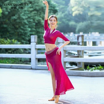 

New Adult Belly Dance Solid Color Sexy Top Long Split Skirt Costume Oriental 2pcs Set For Women Belly Dance Clothes Suit Wear