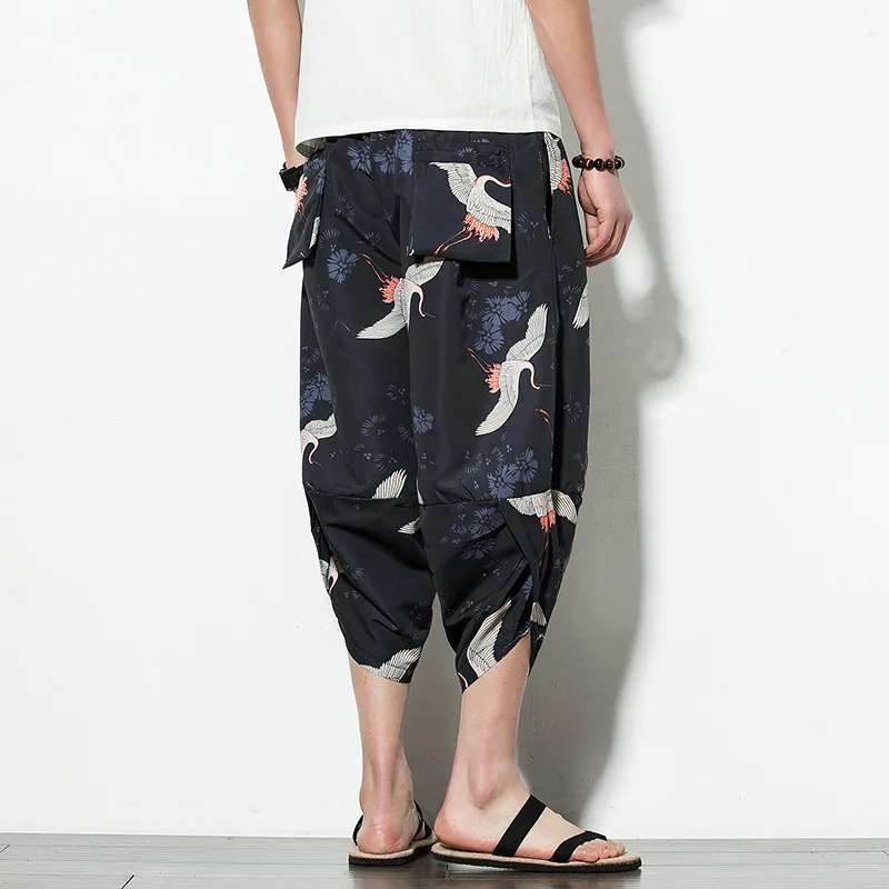 Summer 2019 New Cotton and Hemp Seven-minute Pants Men's Chinese Wind Large Size Lantern Pants Men's Printed Hallen Shoes