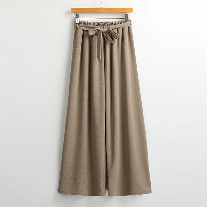 Versear Women Wide Legs Pants Solid Belted Bow Elastic High Waist Loose Casual Cropped Pants Spring Fall Trousers Pantalon Femme