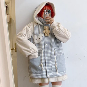 

New Cute Bear Zipper Cotton Jacket Women Winter Thick Warm Coat Sweet Girls Students Hooded Plaid Jacket Lolita Coat Outwear