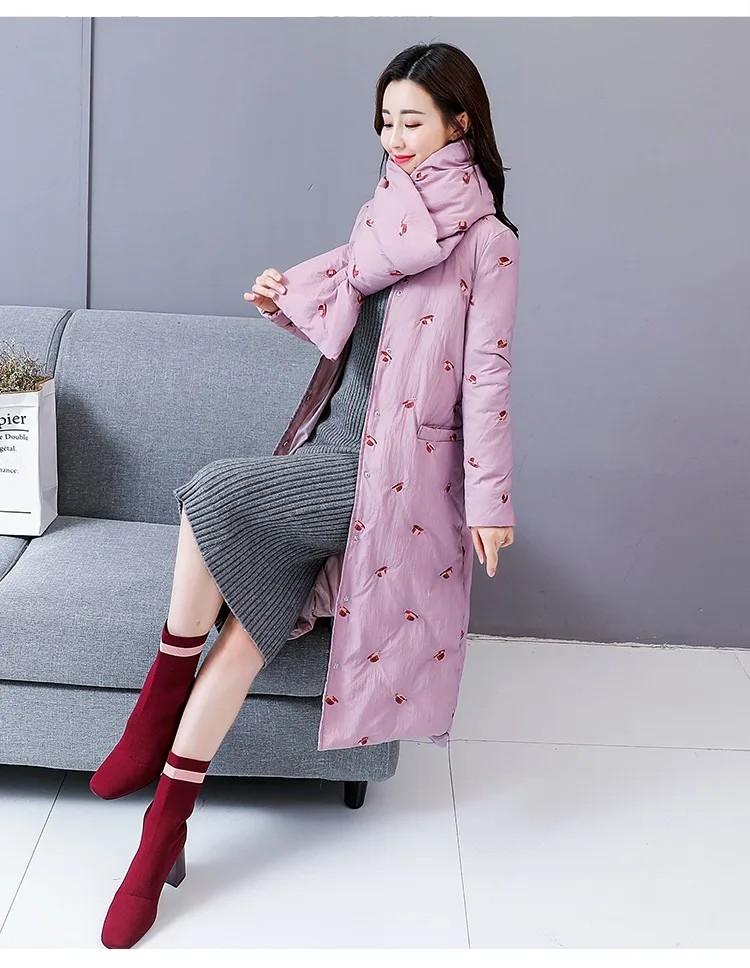 Winter Embroidered down Jacket New Style WOMEN'S Dress Korean-style Fashion Printed Winter Thick Mid-length Slimming Coat