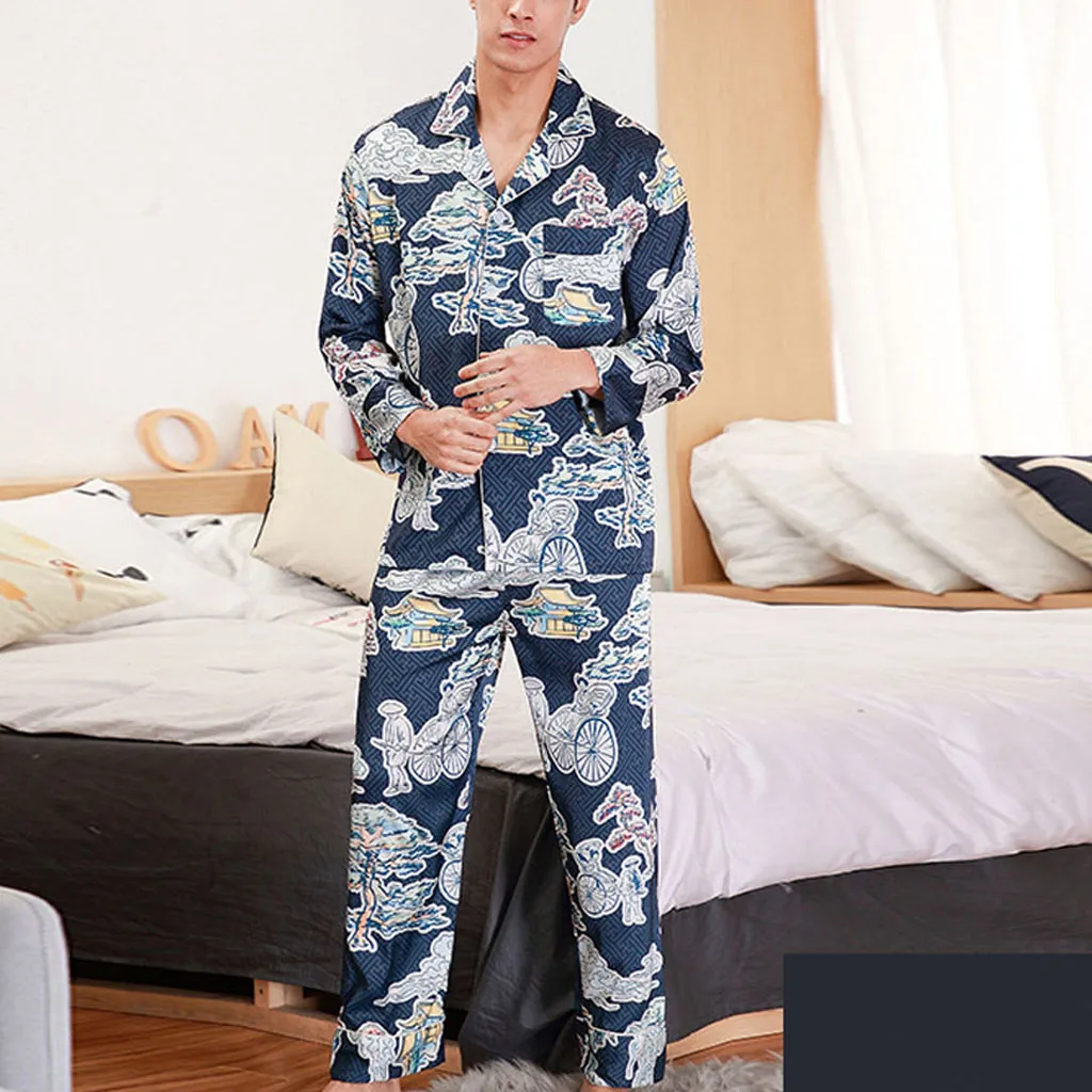 JAYCOSIN Мужская одежда для сна зимний демисезонный мужской имитация шелковые пижамы мужские длинные пижамные штаны комплект пижамы мужской полиэстер принт
