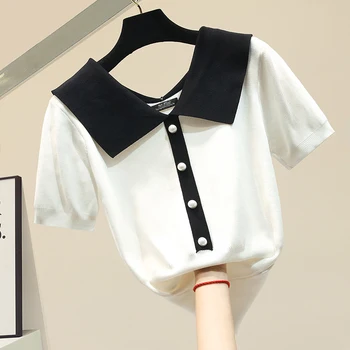 

Spring Clothing Women's Doubles V-neck Slimming Short Sleeve Loose-Fit Knitted T-shirt Women's INS Super Fashion White Black T