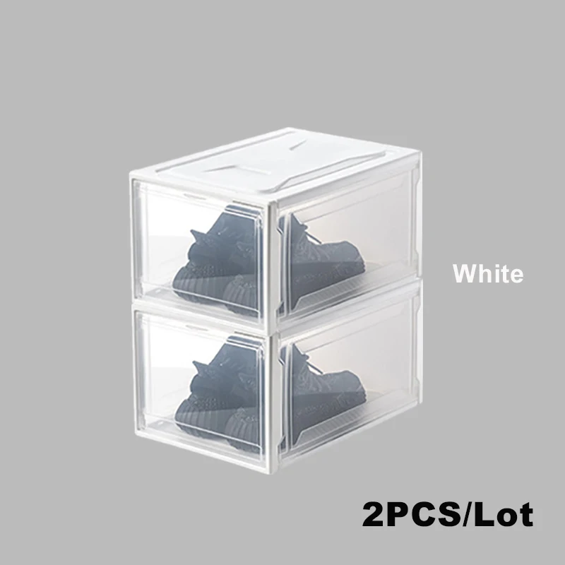 2PCS White Пластиковые обувные коробки Прогулочные кроссовки коробка штабелируемые ящики для хранения спортивная обувь на высоком каблуке коробки чехол винтажные кроссовки обувные коробки - Цвет: 2PCS White