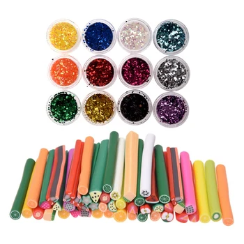 

50Pcs Fruit Nail Art Clay Canes Rods Sticks Stickers Tips 3D Decoration & 12 Color Acrylic Uv Gel Nail Art Glitter Sequins Six A