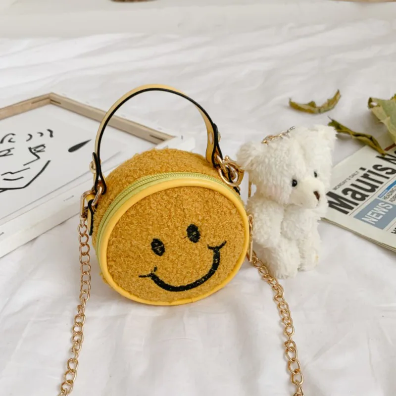 New Cute Suede Girl Smiling Face Mini Shoulder Bags Zipper Young Circular Shape Crossbody Bag for Children
