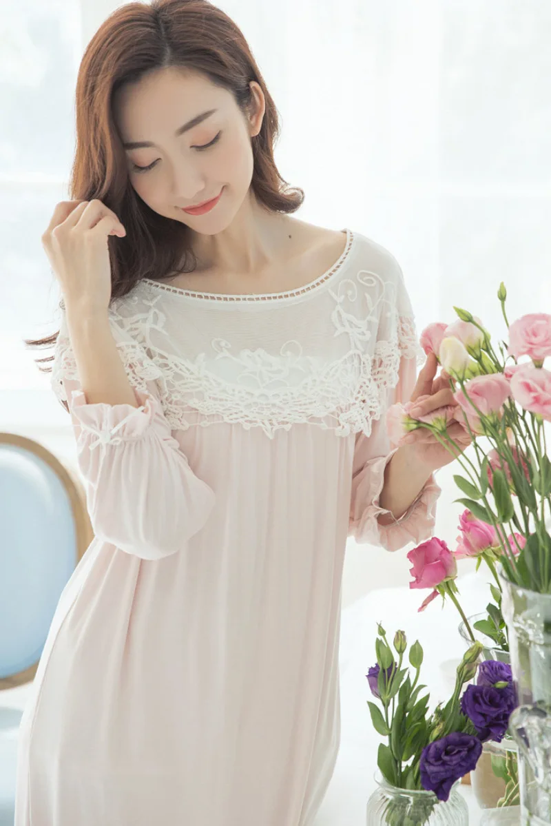 Spring And Autumn Nightgown Women's Autumn Long Sleeve Thin Modal Cotton Princess Court Porous Embroidered Floral Embroidered Tr