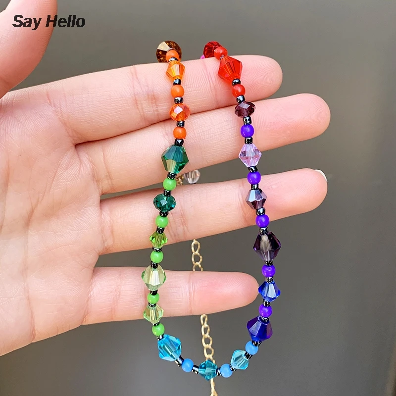 SAY HELLO Handmade Boho Small Crystal Acrylic Beads Necklaces for Women Beaded Choker Long Chain Jewelry Gifts K0776 | Украшения и