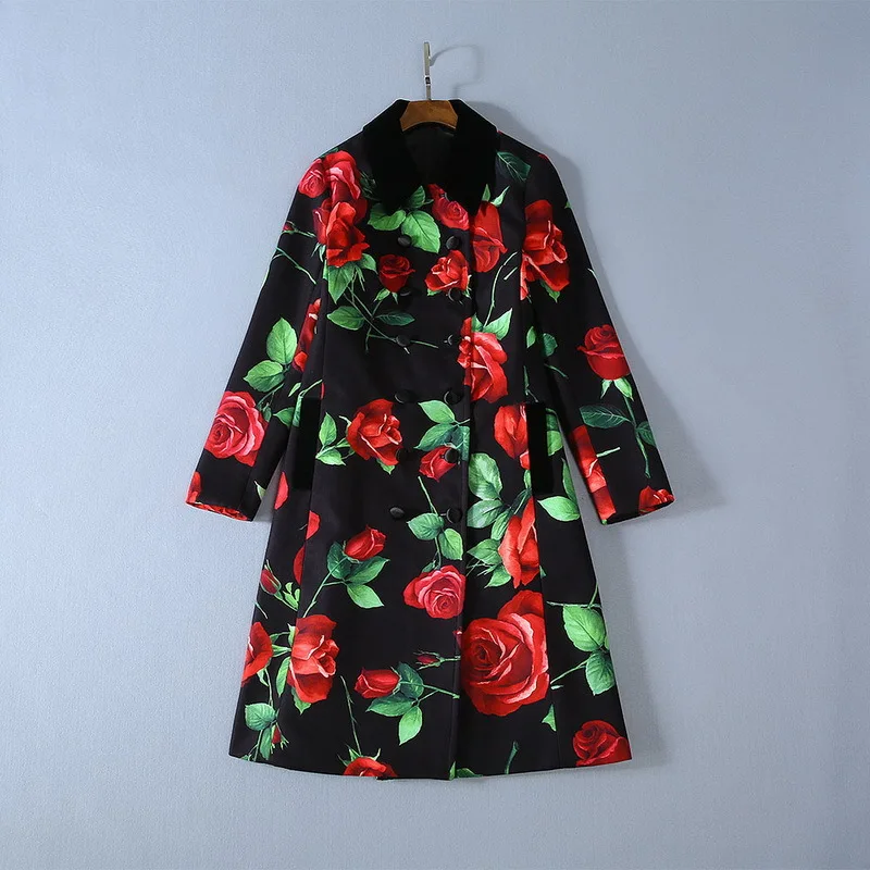 

Europe&America women vintage coat 2019 Autumn winter runways floral print double-breasted overcoat B125