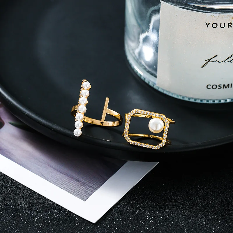 Zircon Open Ring Women Simulated Pearl Geometric Rings Brass Jewelry finger ring ring set opening ring zircon crystal ring