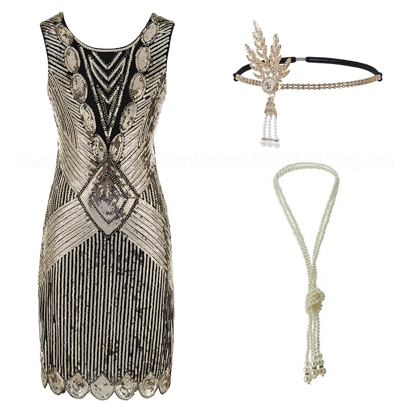 del gran Gatsby de los años 20, Flapper rugiente de los años 1920, vestido con cuentas de lentejuelas y adornos artísticos, accesorios de vestir XXXL|Vestidos| - AliExpress