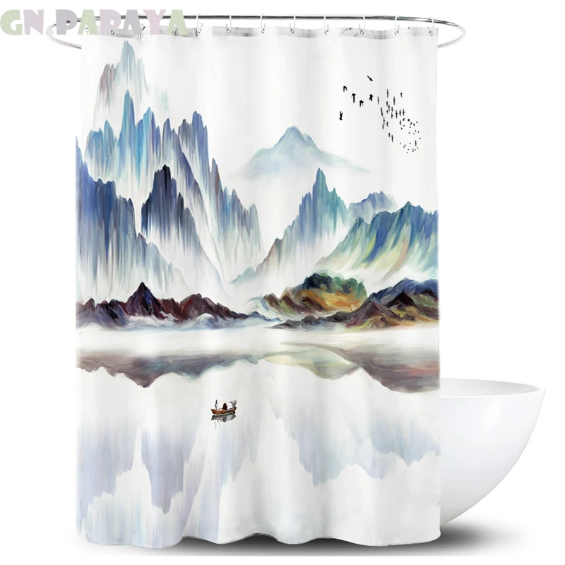 

Chinese style water scenery Bath Curtains Waterproof Polyester Fabric fashion view Shower Curtains Screen with Hooks Accessories