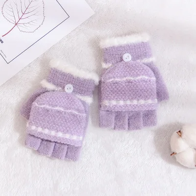 Light purple Детские варежки с клапаном на половину пальца, милые теплые толстые варежки для мальчиков и девочек, для детей на осень и зиму - Цвет: Light purple
