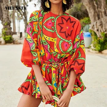 

VIEUNSTA Autumn O-Neck Print Boho Beach Dress Women Long Sleeve Ruffle Party Dress Casual Lace Up Loose Mini Dress Vestidos XL