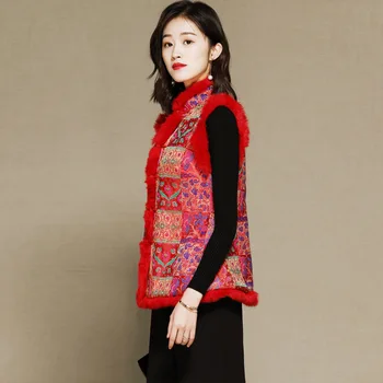 

Chinese Red Sleeveless Rabbit Raw Edge Collar Cotton New Year Tang Costume Women Winter Festive Wedding vest Red Jacquard Top