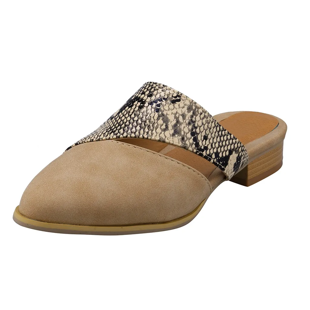 

Womens Grain Mix Flat With Flock Hallow Retro Point Toe Shoes Straless Low Thick Heel Print Sanke Skin Patckwork femme Sandalias