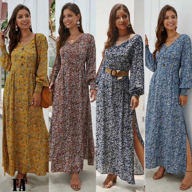 

Womens Ladies Boho Floral Printed Long Maxi Dress Autumn Long Sleeve V Neck Slit Tunic Dresses Fashion Pleated Long Sleeve Dress
