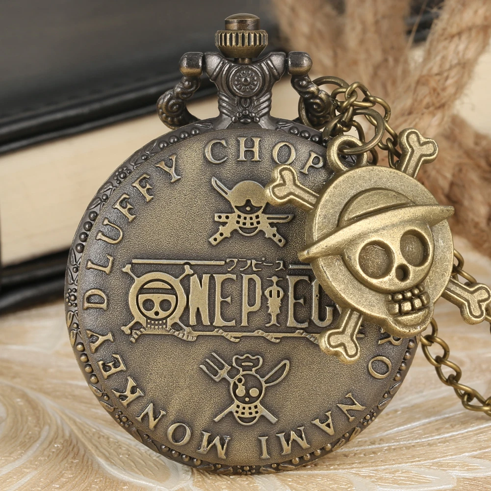 Vintage Antique One Piece Theme Pocket Watch With Bronze Pirate Skull Pendant Quartz Necklace Chain Pendant Watch Men Women Gift