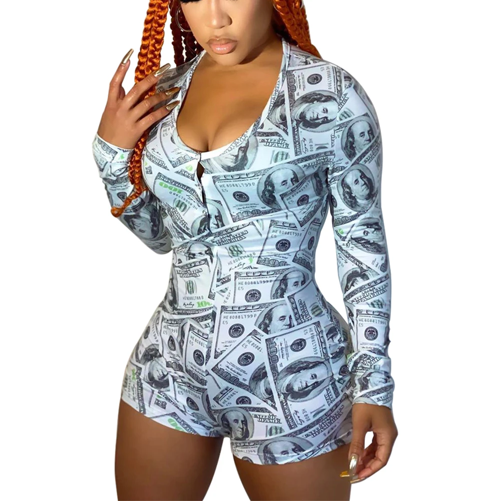 Sexy Bodycon Jumpsuit Romper Playsuit Long Sleeve Money Print Bodysuit  Biker Shorts Streetwear Casual Rompers Womens