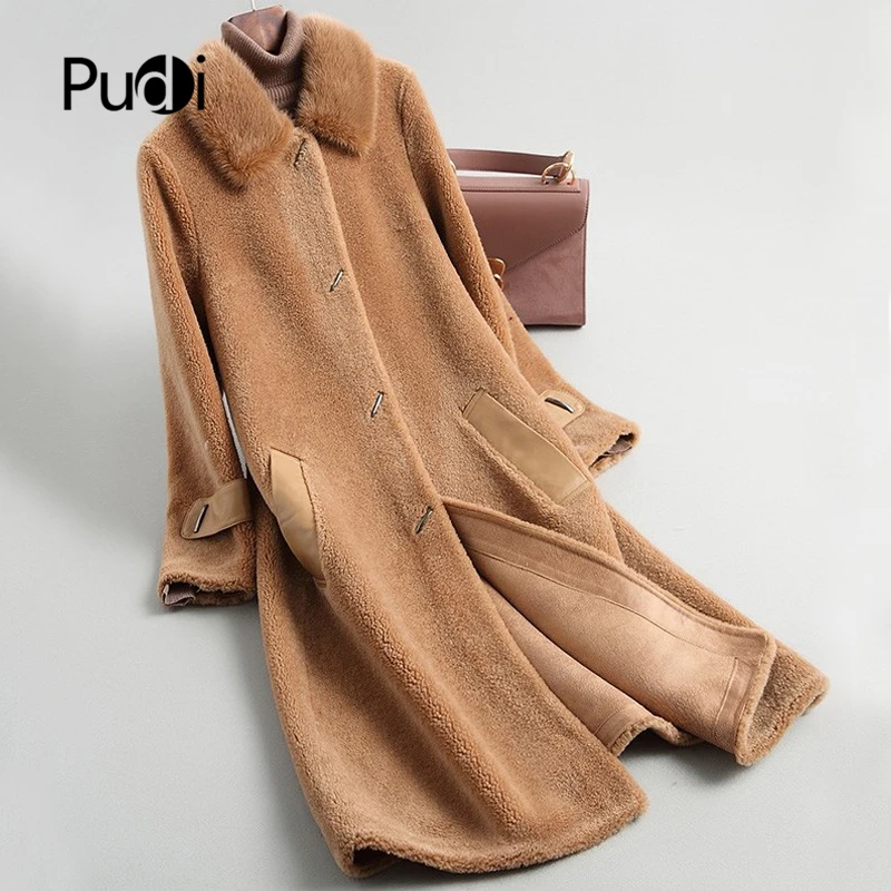 Женское меховое пальто PUDI A19011 из 100% шерсти куртка с воротником натурального меха
